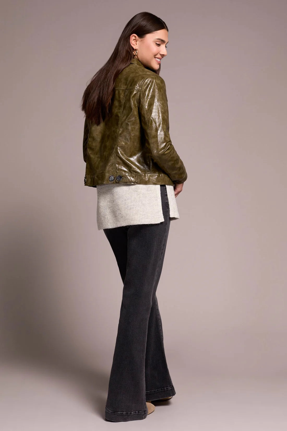 TRIBAL FAUX LEATHER BUTTON FRONT JACKET - OLIVE LEAF