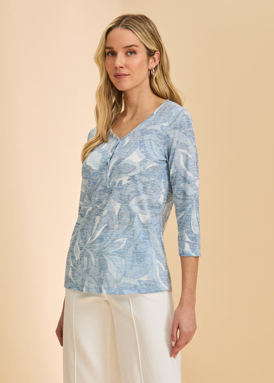 FDJ HENLEY PRINT V-NECK TOP - INDIGO BLOOM - Vi-Leen's Fashions